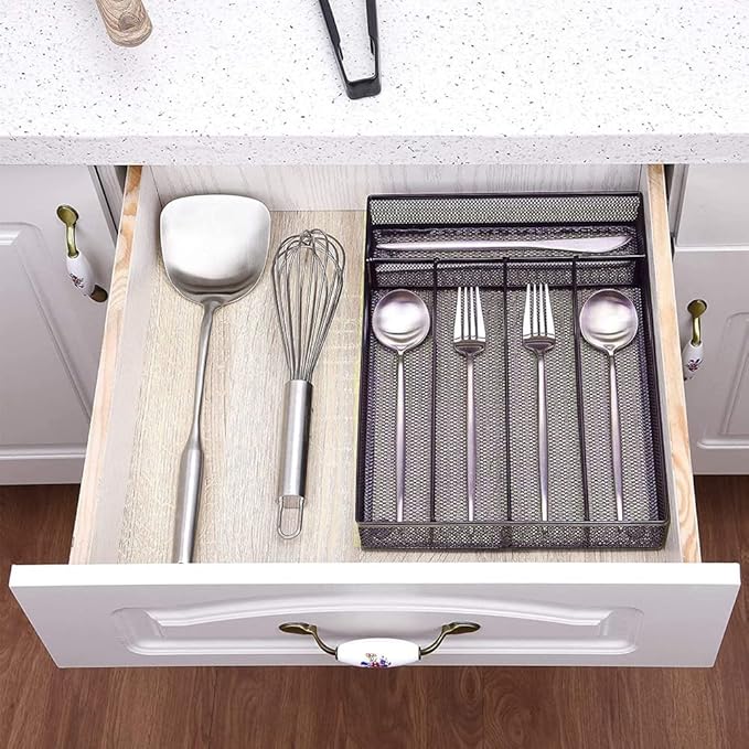 COSWE Silverware Tray for Drawer, Silverware Organizer, Metal Drawer Organizer Kitchen Utensils with Foam Feet Multi Compartments Cutlery Organizer in Drawer
