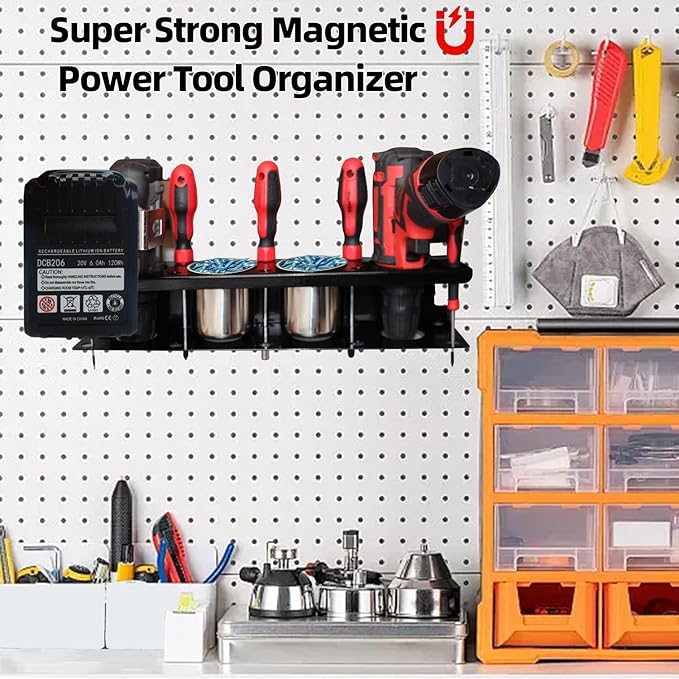 Magnetic Power Tool Organizer Rack - Heavy Duty Metal Organizer Rack for Cordless Drill,Screwdriver,Screw with 4 Stainless Steel cup for Tool Cart,Pegboards,Workbench,Garage,Toolbox