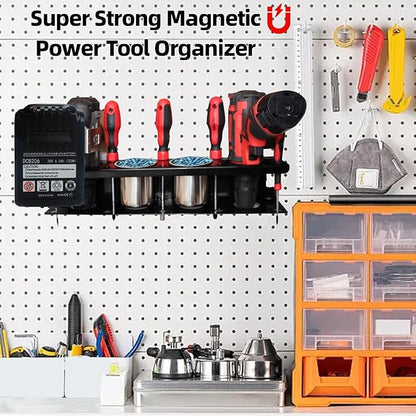 Magnetic Power Tool Organizer Rack - Heavy Duty Metal Organizer Rack for Cordless Drill,Screwdriver,Screw with 4 Stainless Steel cup for Tool Cart,Pegboards,Workbench,Garage,Toolbox