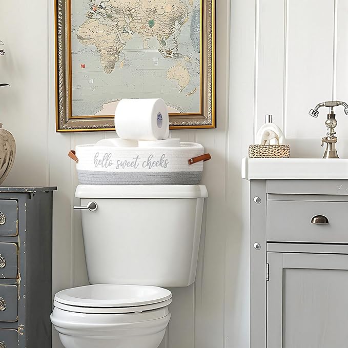 Hello Sweet Cheeks Bathroom Decoration Grey and White Cotton Rope Toilet Basket Toilet Paper Holder Basket Rustic Bathroom Organizer Farmhouse Home Decoration Organizing Small Baskets