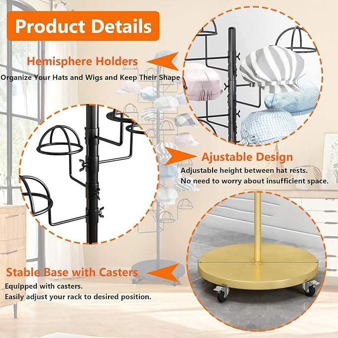 Hat Rack Stand, Metal Hats Display Stand, Standing Hat Rack, Hat Tree Stand with 30 Circular Hooks, Ball Cap Storage Organizer Rack for Stores/Home(Black)