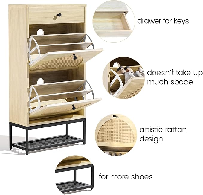 Lamerge Free Standing Shoe Rack, Entryway Organizer with 2 Natural Semi-Circular Rattan Flip Drawers, Hallway Faux Wooden Shoe Storage Cabinet with Pull Drawer and Bottom Rack for Living Room, Bedroom