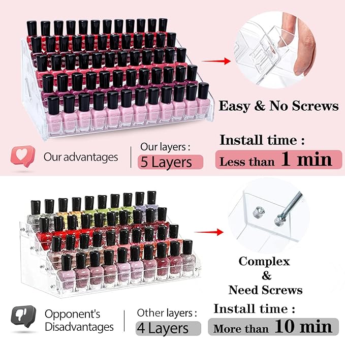 5-Tier Nail Polish & Sunglasses Organizer | Screwless Cosmetic Display Shelf for Makeup, Jewelry, Eyeglasses Storage | Non-Slip Bathroom Vanity Shelf for Essential Oils