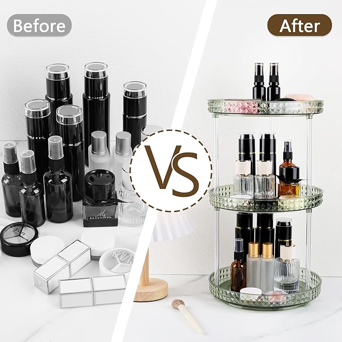 360 Clear Rotating Makeup Organize for Vanity,3 Tiers Lazy Susan with Diamond Pattern, Large-Capacity Skincare Organizers Cosmetic Display Case Organizer for Dresser (Vintage Green, 3Tiers)