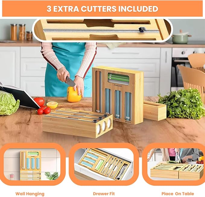 Storage Bag Organizer for Kitchen Drawer, Foil and Plastic Wrap with Cutter, Organizers Compatible Gallon, Quart, Sandwich Snack Size 9 in 1