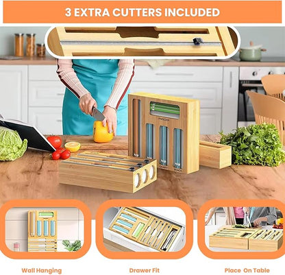 Storage Bag Organizer for Kitchen Drawer, Foil and Plastic Wrap with Cutter, Organizers Compatible Gallon, Quart, Sandwich Snack Size 9 in 1
