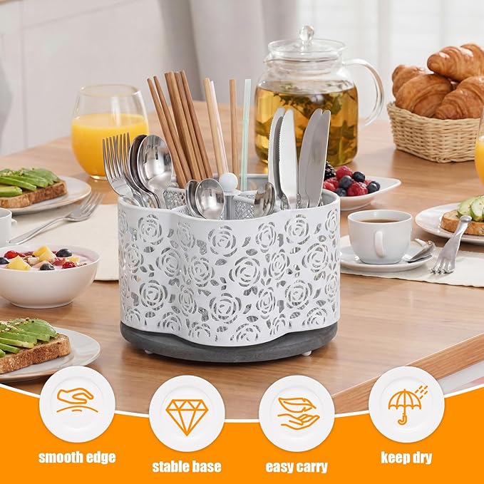 360 Degree Rotating Utensil Caddy Silverware Cutlery Caddy Holder with 5 Compartment Kitchen Countertop Organizer for Spoon Fork Flatware Storage for Home or Outdoor Picnic Camping (White)