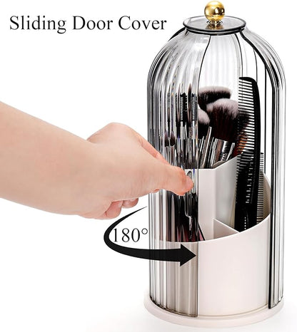 Eorbow Makeup Brush Holder Organizer with Lids, 360°Rotating Clear Dustproof Make Up Brush Container Box, Vanity Spinning Cosmetic Tools Storage Cup for Desktop Office Bathroom Countertop