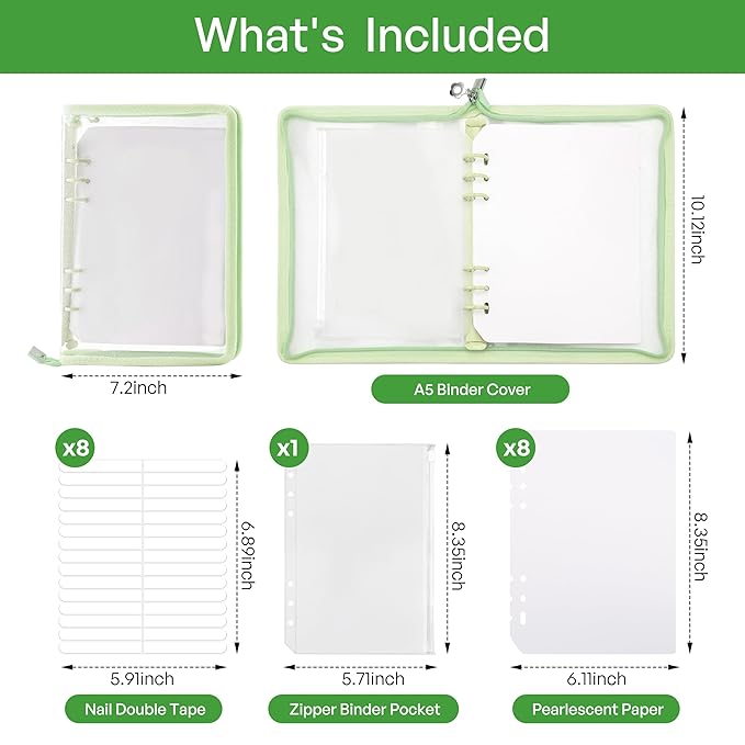 18PCS Press On Nail Organizer Clear Empty Press on Nail Packaging Set with 8 Insert Pages,8 nail double tape and 1 Zipper Pocket for Fake Nail Storage Nail Art Salon (green)