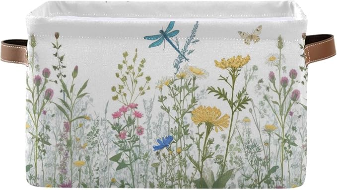 Colorful Herbs And Flowers Storage Baskets,Decorative Collapsible Rectangular Canvas Fabric Storage Bin for Home
