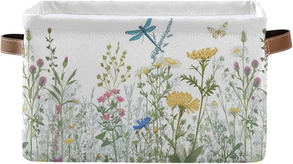 Colorful Herbs And Flowers Storage Baskets,Decorative Collapsible Rectangular Canvas Fabric Storage Bin for Home