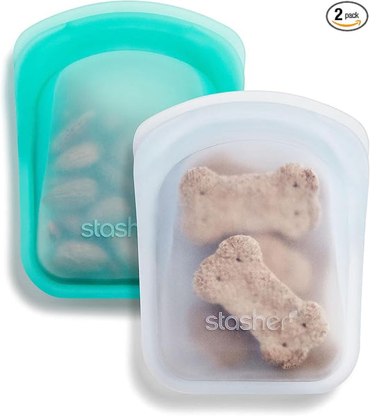 Stasher Silicone Reusable Storage Bag, Pocket Bags 2-Pack, Microwave, Dishwasher, Oven Safe, Sous Vide, Eco Friendly, Leak-free, Food-safe Silicone Snack Bags for Travel, 4 oz, Clear & Aqua