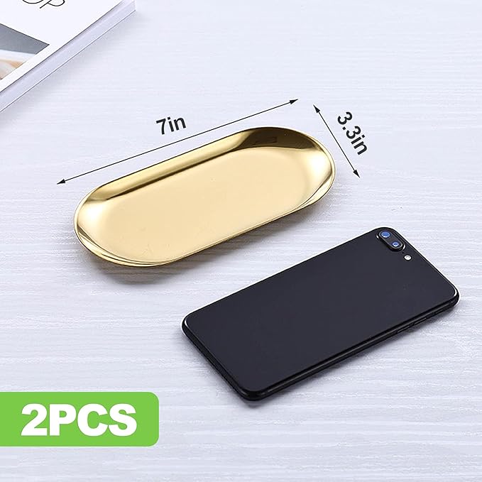 2 PCS Gold Stainless Steel Decorative Tray, 7-Inch Oval Jewelry Dish and Vanity Organizer for Bathroom, Towels, and Small Items
