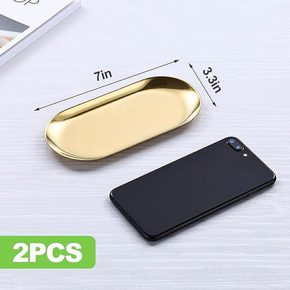 2 PCS Gold Stainless Steel Decorative Tray, 7-Inch Oval Jewelry Dish and Vanity Organizer for Bathroom, Towels, and Small Items