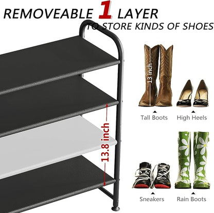 INGIORDAR Shoe Rack 4 Tier Long Storage Organizer Wide Metal Shoe Shelf for Closet Entryway Black
