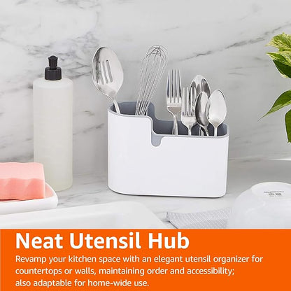 Amazon Basics Countertop & Wall Organization for Utensils, Space-Saving, Divided Compartments, White & Grey
