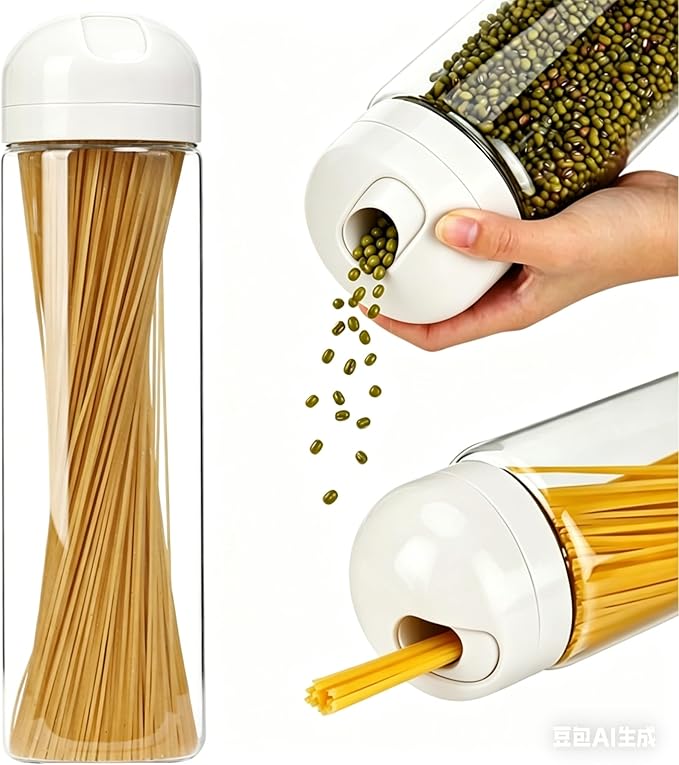 67 oz Glass Spaghetti Storage Jar with Measuring Dispenser Lid, Airtight Tall Borosilicate Pasta Container, Food Canister for Pantry Organization, Green