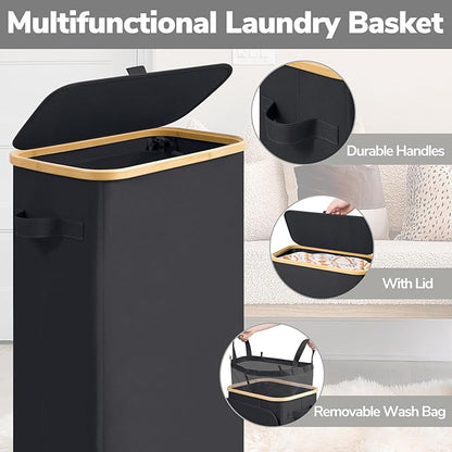 Goodpick Slim Laundry Basket with Wheels and Lid, 75L Rolling Laundry Hamper for Dorm Home Decor, Large Clothes Hamper with Bamboo Frame Removable Bag, Black, 17" x 9.8" x 29.5"