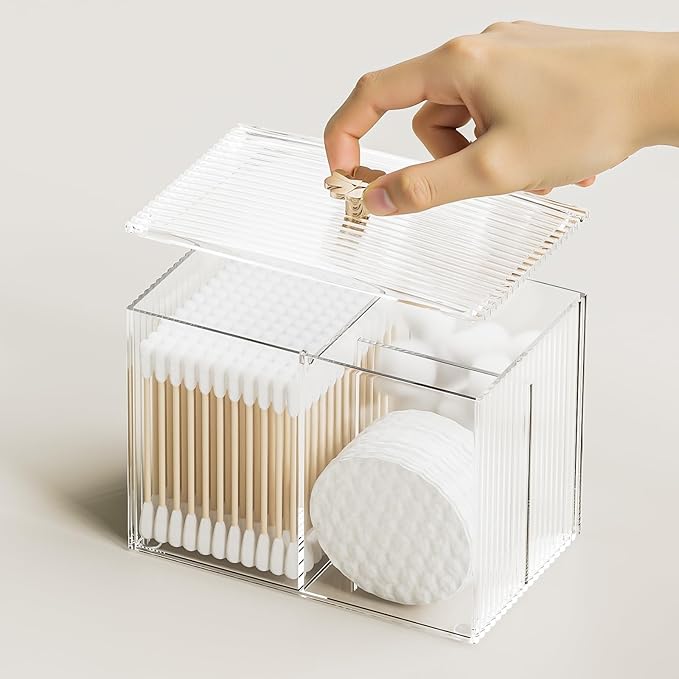 Q Tip Holder for Bathroom with 3 Compartments, Cute Clear Plastic Bathroom Container Jars Canister Dispenser with Lid for Cotton Swab, Ball, Pad, Round, Floss, Bathroom Organizer and Storage