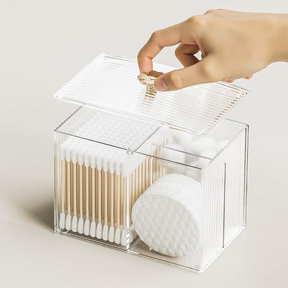 Q Tip Holder for Bathroom with 3 Compartments, Cute Clear Plastic Bathroom Container Jars Canister Dispenser with Lid for Cotton Swab, Ball, Pad, Round, Floss, Bathroom Organizer and Storage