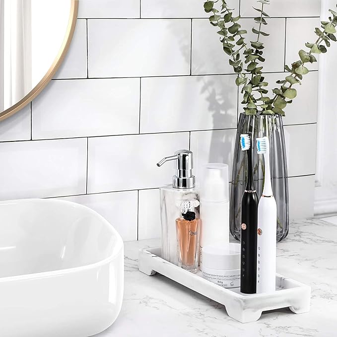 Luxspire Vanity Tray, Bathroom Toilet Tank Storage Tray, Resin Kitchen Sink Trays, Vanity Countertop Organizer for Candles Soap Towel Perfume Holder Decor Jewlery Dish, Marble Style -S- Gravel White