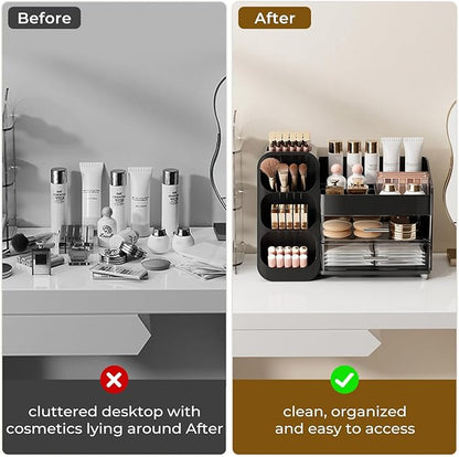 Makeup Organizer for Vanity with Brush Holder, Large Capacity Bathroom Countertop Skincare Organizer with 2 Drawers, Cosmetic Display Case for Perfumes, Eyeshadow Palettes, Nail Polishes