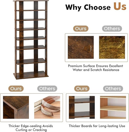 BETTARY 8 Tier Vertical Shoe Rack, Narrow Wooden Corner Shoe Organizer for Small Spaces, Removable Shelves, Anti-toppling Device, Shoe Tower for Entryway, Closet, Bedroom (Rustic Brown, Double Row)