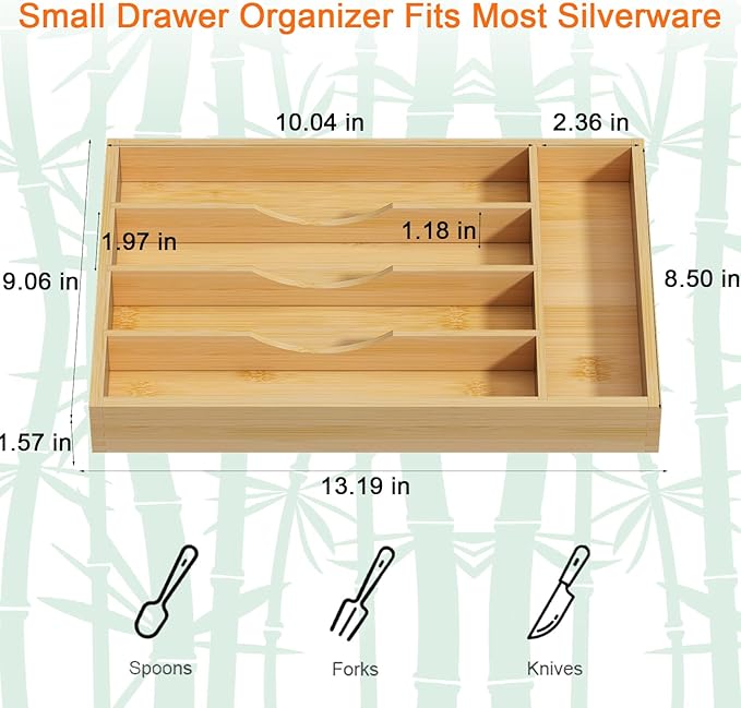 Youpehom Bamboo Utensil Organizer for Kitchen Drawers, Utensil Tray and Cutlery Silverware Holder,Wood Drawer Dividers with 5 Slots