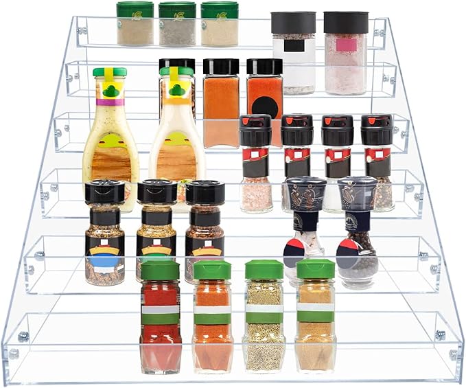 PMMASTO Tiered Spice Rack, Seasoning Organizer, Clear Acrylic Vertical Shelves Can Organizer for Countertop, Cabinet, Pantry, Kitchen Organization and Storage - 6 Tier | Vertical Shelves, Can Organizer, for Countertop, Cabinet, Pantry