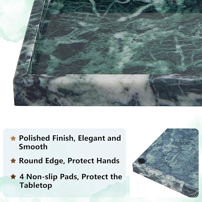 Real Natural Marble Tray for Bathroom, Vanity, Kitchen and Desktop, Rectangle Genuine Marble Stone Tray for Jewelry, Cosmetics, Candles, Lotion, Perfume (Snowflake-Green, 12" x 8" x 1.2")
