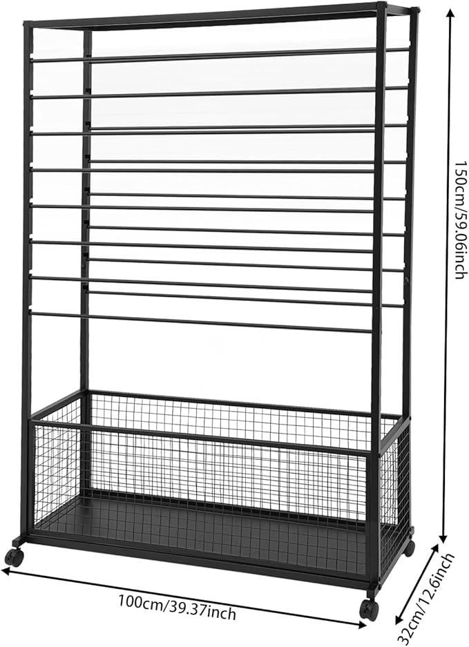 16-Tier Double-Sided Ribbon Holder Organizer Rack with Storage Basket & Wheels, Multifunctional Flower Wrapping Paper Display Stand for Craft Rooms, Flower Shops (Black, 39.37''W x 12.6''D x 59.06''H)