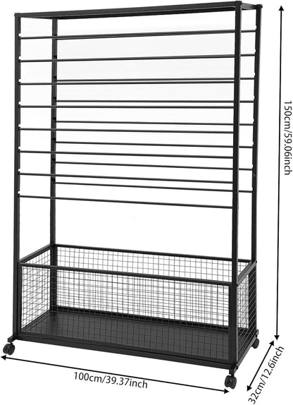 Commercial Ribbon Holder Organizer w/ 16 Rods & Locking Wheels - 59" Mobile Craft Storage for Florists, 4-Tier w/Mesh Basket (Black, 39.37 * 12.6 * 59.06in)