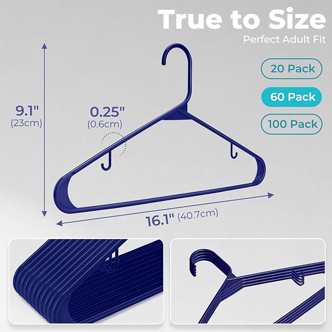 HOUSE DAY Blue Plastic Hangers 60 Pack, Clothes Hangers with Non Slip Hooks, Durable & Space Saving Coat Hanger, Light-Weight Clothing Hangers, Perfect Closet Organizer for Everyday Use