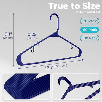HOUSE DAY Blue Plastic Hangers 60 Pack, Clothes Hangers with Non Slip Hooks, Durable & Space Saving Coat Hanger, Light-Weight Clothing Hangers, Perfect Closet Organizer for Everyday Use