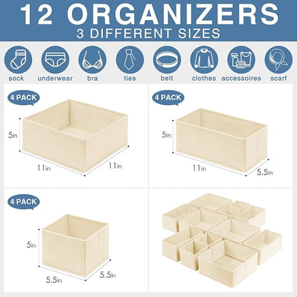 Criusia Drawer Organizer Clothes 12 Pack, Dresser Organizer for Nursery Bedroom Closet Organization and Storage - Baby Clothes Organizer Bins - Drawer Divider for Sock Underwear Bra Ties (Beige)