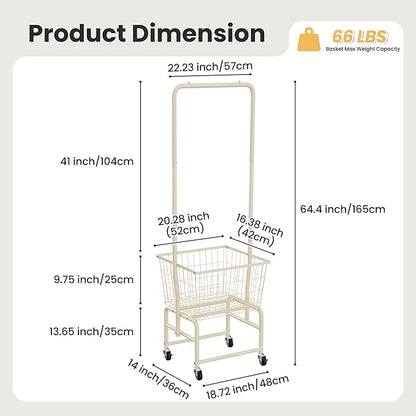 Rolling Laundry Cart with Wheels, Laundry Hamper Basket Organizer with Clothes Hanging Rack, Wire Storage Cloth Shelf Butler, Cream