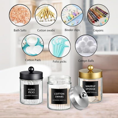 SheeChung 3-Pack Glass Apothecary Jars (Mix Colors) - Black, Gold, Brushed Nickel Stainless Steel Qtip Holder Set - Modern Bathroom Vanity Organizer for Cotton Swabs, Balls, Pads - Multi-Color Decor