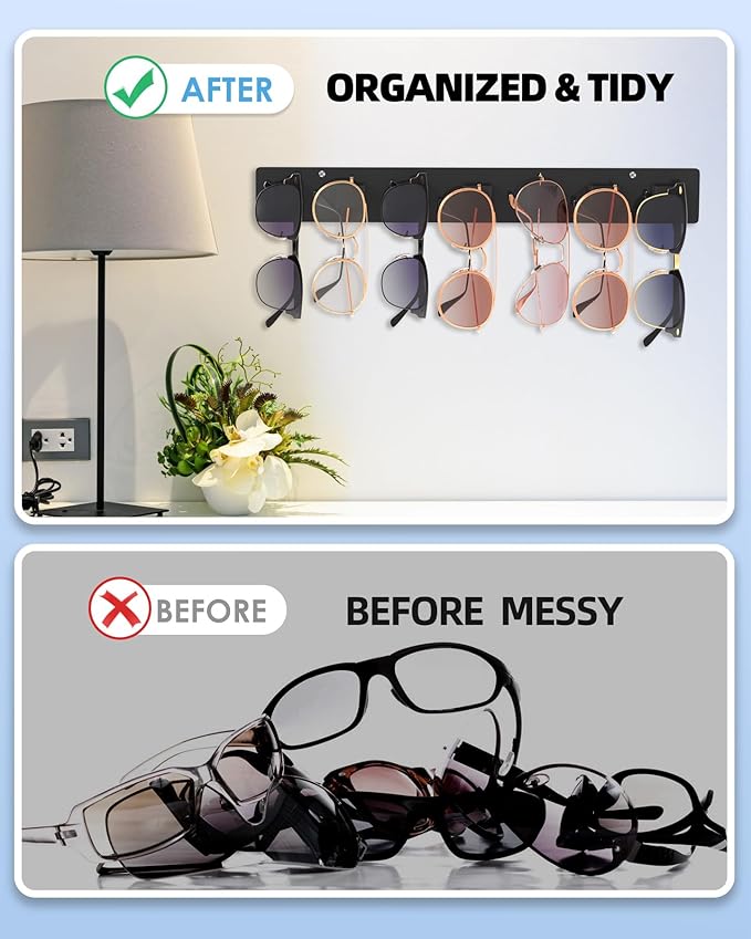 MaxGear Sunglasses Organizer Wall Mount, 2-Pack Acrylic Eyewear Display Holder with 14 Slots, Sunglasses Storage, Includes Adhesive Tape & Screws, Black Wall Mounted Shelf for Closet, Cabinet, Door