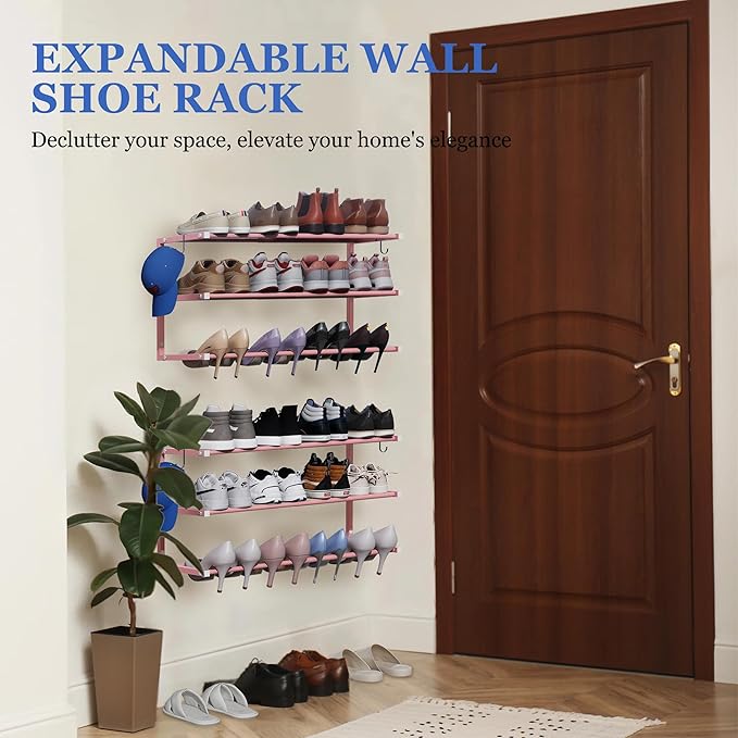 Wall Mounted Shoe Rack, 3 Tier Hanging Shoe Rack Holds 12 Pairs, 17"-30" Adjustable Heavy Duty Metal Shoe Organizer Holder with 2 Storage Hooks, Space Saving for Closet Entryway Doorway（Pink