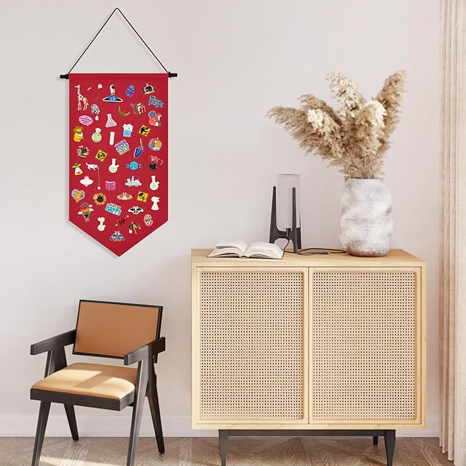 Winmany Wall Hanging Brooch Jewelry Storage Case Canvas Display Stand Enamel Pin Display Banner Holder Earrings Necklace Glitter Pin Collection Organizer (Red)