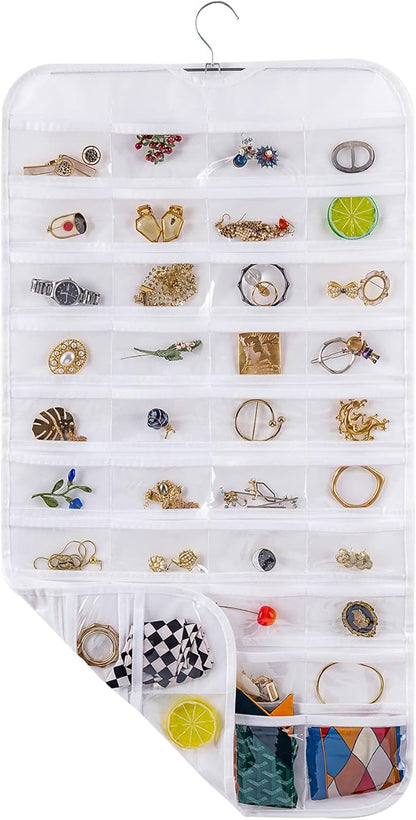 Bloss Hanging Jewelry Organizer With 80 Pockets Double-Side Dating Gifts Jewelry Storage Hanger For Accessories Jewelry Earring Holder Storage for Closet,Wall, Door, Travel-White