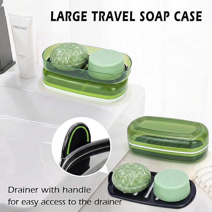 AIDIMMING Large Shampoo & Conditioner Bar Holder, Clear Soap Case with Lid and Drain Tray for Kitsch Bars, Duke Cannon 10 oz Soap, Handmade Soap,for Bathroom, Shower, Gym, Camping, Travel (Max, Green)
