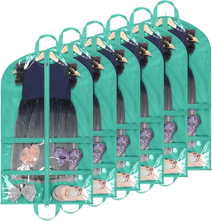 KEEGH Clear Garment Bags for Dance Costumes 40 inch Dance Garment Bags for Dancers Hanging Clothes for Closet Storage, with 4 Zipper Pockets for Dance Competitions, Ballet, Theatre, 6 Pack, Green
