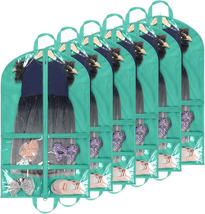 KEEGH Clear Garment Bags for Dance Costumes 40 inch Dance Garment Bags for Dancers Hanging Clothes for Closet Storage, with 4 Zipper Pockets for Dance Competitions, Ballet, Theatre, 6 Pack, Green