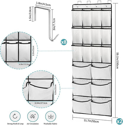 2 Packs Over the Door Shoe Organizer, 36 Large Mesh Pockets Hanging Shoe Boots Rack Holder, Closet Hanging Organizers for Storage Sneakers High Heeled Shoes Slippers (White)