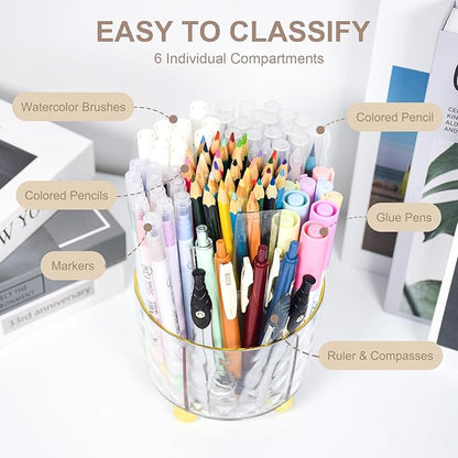 SAYEEC Pen Holder for Desk 6 Slots Rotating Makeup Brush Organizer Toothbrush Holder Versatile Desk Skin Care Cosmetic Organizer Pencil Cup Pot Art Supply Caddy for Office Vanity Bathroom (Clear Gold)