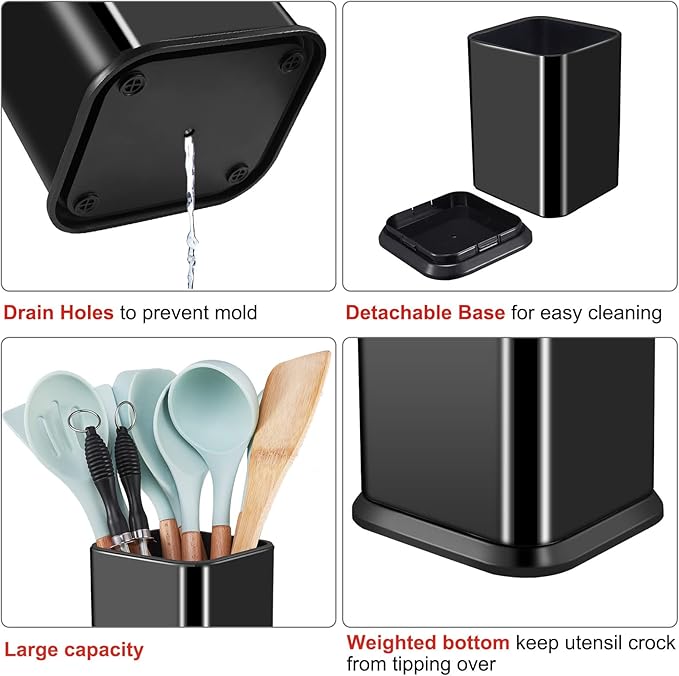 RedCall Stainless Steel Kitchen Utensil Holder for Countertop, Spoon Spatula Organizer,Modern Rectangular Large Cooking Utensil Caddy Counter,Utensil Crock (Stainless Steel Black)