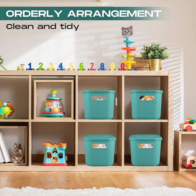 Hoolerry 8 Pieces Colorful Storage Bins with Lid, Plastic Storage Basket Organizing Container Stackable Box with Handle for Shelves Desktop Playroom Office(16.1 x 12.0 x 9.7 Inch,Green)