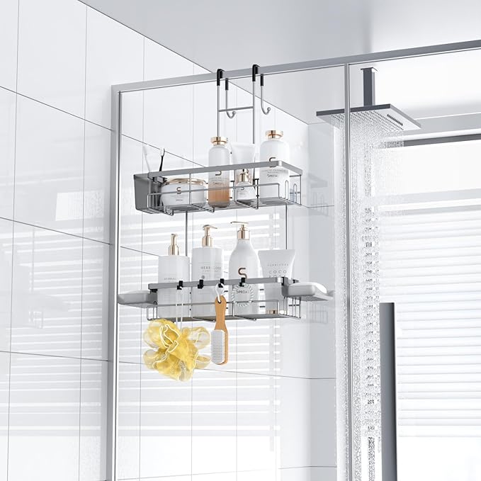 Aitatty Hanging Shower Caddy Over Door: Silver Rustproof Shower Organizer over the Door - No Drilling Bathroom Rack for Inside Shower