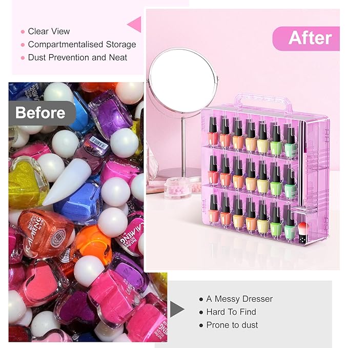 Beloving Nail Polish Organizer Case for 48 Bottles with Adjustable Divider, Double Side Nail Polish Holder for Storage Display, Pink